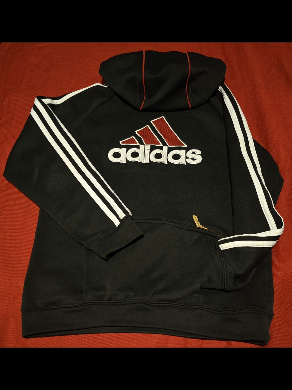 Adidas Kid's Black Hoodie Sweatshirt with White Stripes and Red Logo